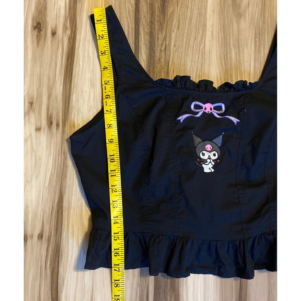 Sanrio Kuromi Embroidered Ruffle Crop Top Corset Black Lace Up Back Medium - Picture 4 of 10